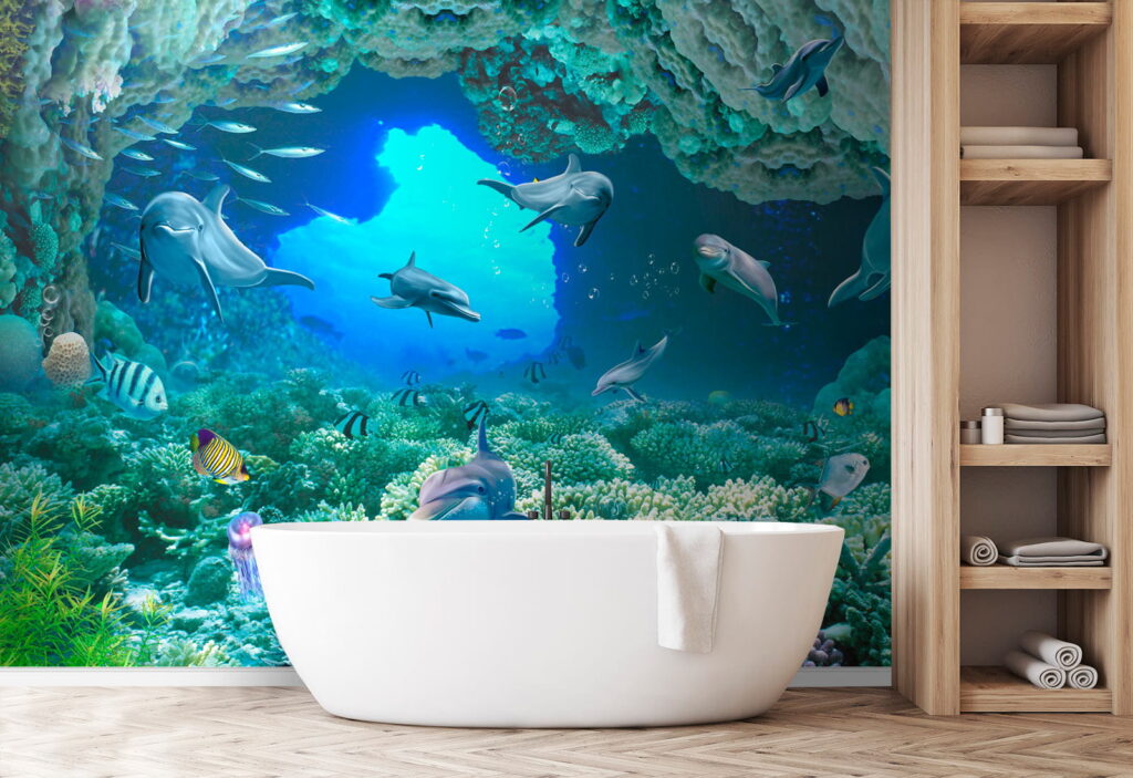 Group of dolphins and fish under water