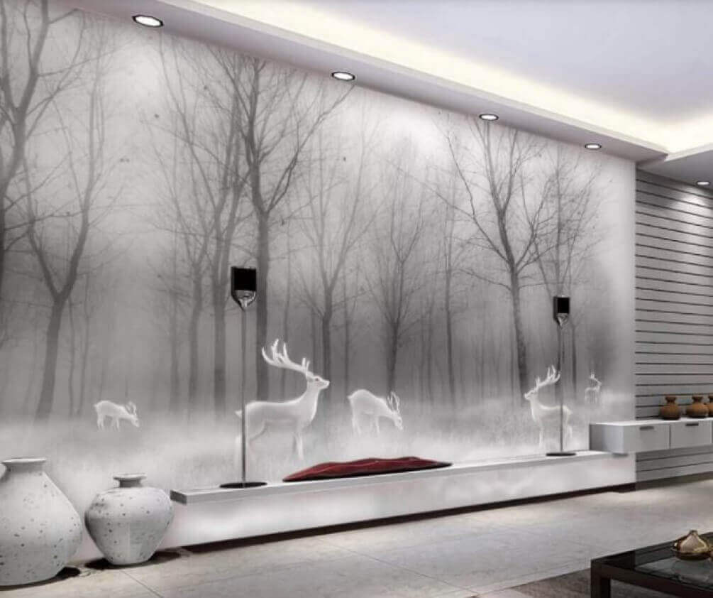 Group of white deer in a foggy forest u19701pig1m - Group of white deer in a foggy forest - tegory