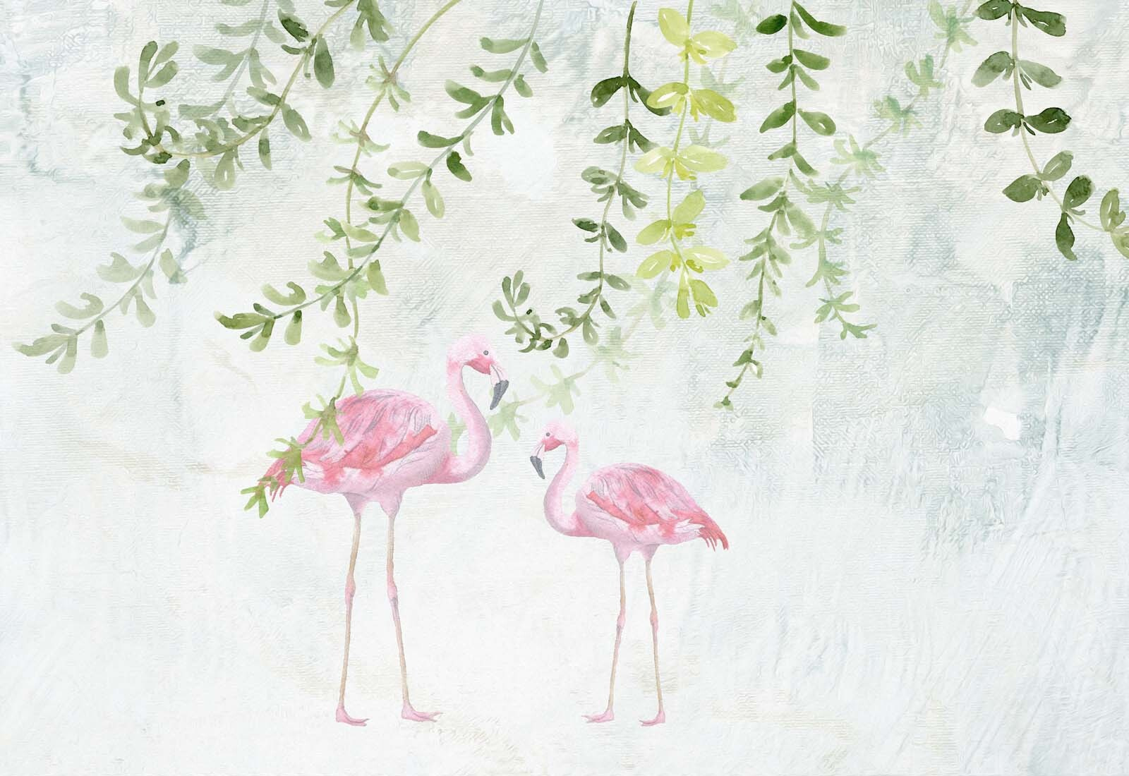 u19802p - Two pink flamingos with green leaves - tegory