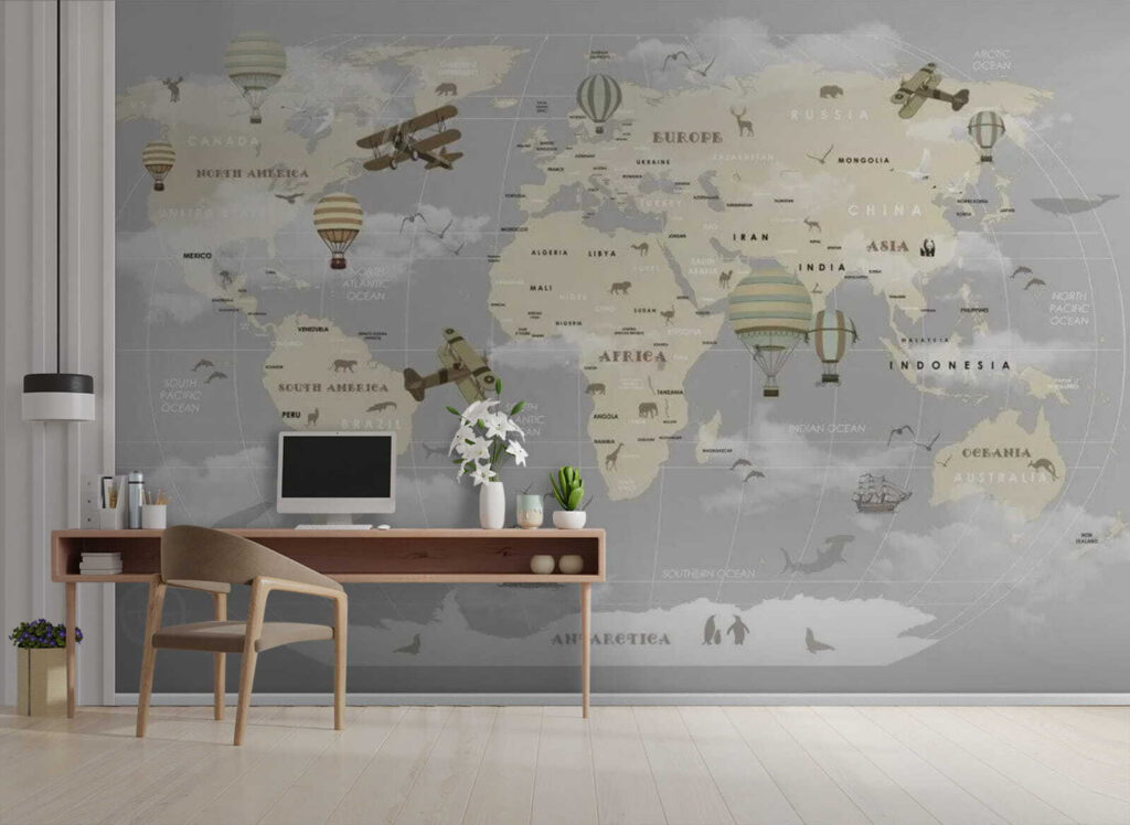 Map of the world with airplanes and hot air balloons u23037piw1 1024x748 - Map of the world with airplanes and hot air balloons - tegory