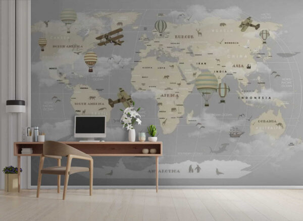 Map of the world with airplanes and hot air balloons u23037piw1 600x438 - Map of the world with airplanes and hot air balloons - tegory