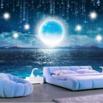 Pattern of butterflies and dots Wall murals Moon over water with stars and clouds
