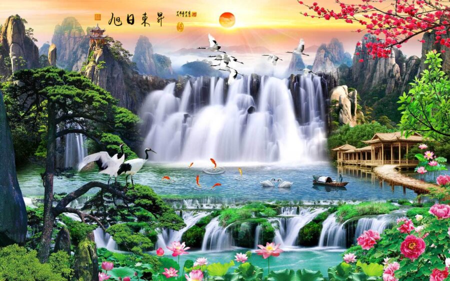 Wall murals Waterfall with birds and flowers - Image 4