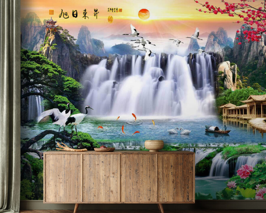 Wall murals Waterfall with birds and flowers - Image 2