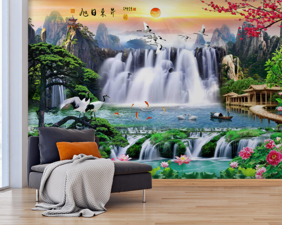 Wall murals Waterfall with birds and flowers