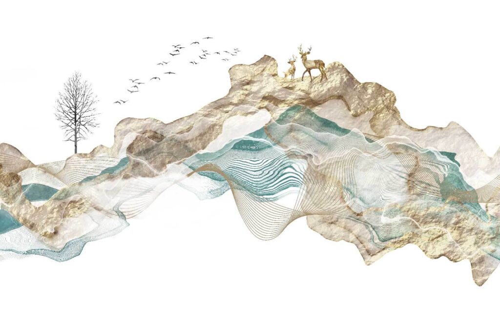 Painting of a mountain with birds flying around Painting of a mountain with birds flying around