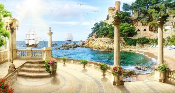 Balcony with columns and flowers on the side of the ocean Balcony with columns and flowers on the side of the ocean