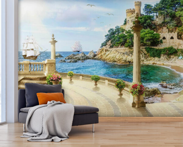 Balcony with columns and flowers on the side of the ocean Balcony with columns and flowers on the side of the ocean