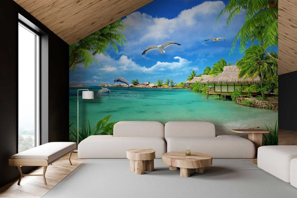 Beach with a hut and a couple of birds