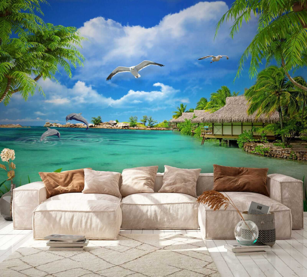 Beach with a hut and a couple of birds
