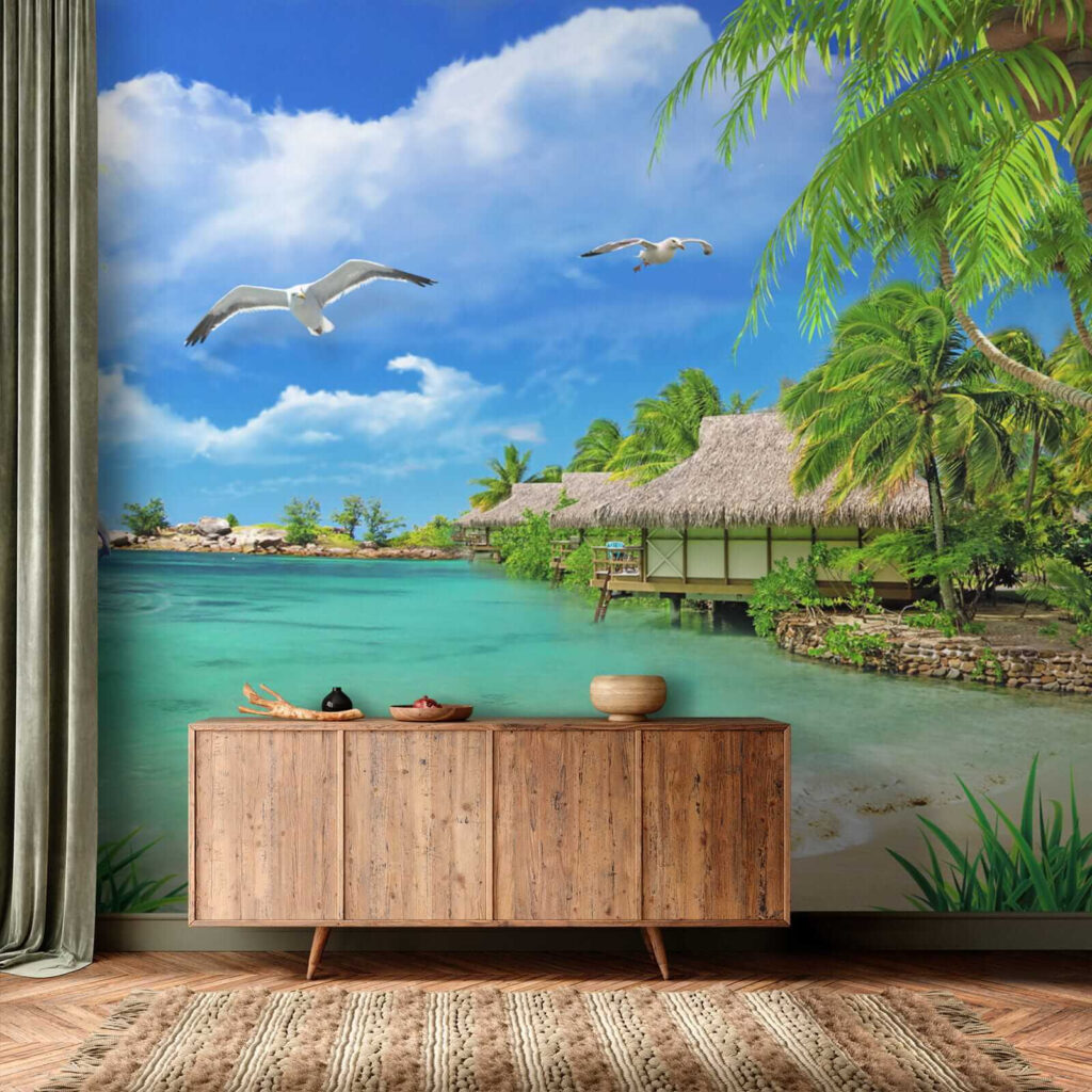 Beach with a hut and a couple of birds