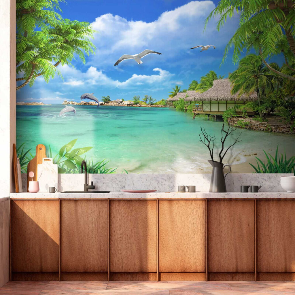 Beach with a hut and a couple of birds