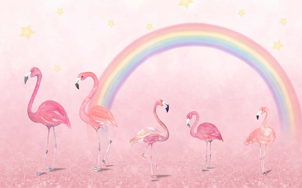 Group of flamingos with a rainbow Group of flamingos with a rainbow