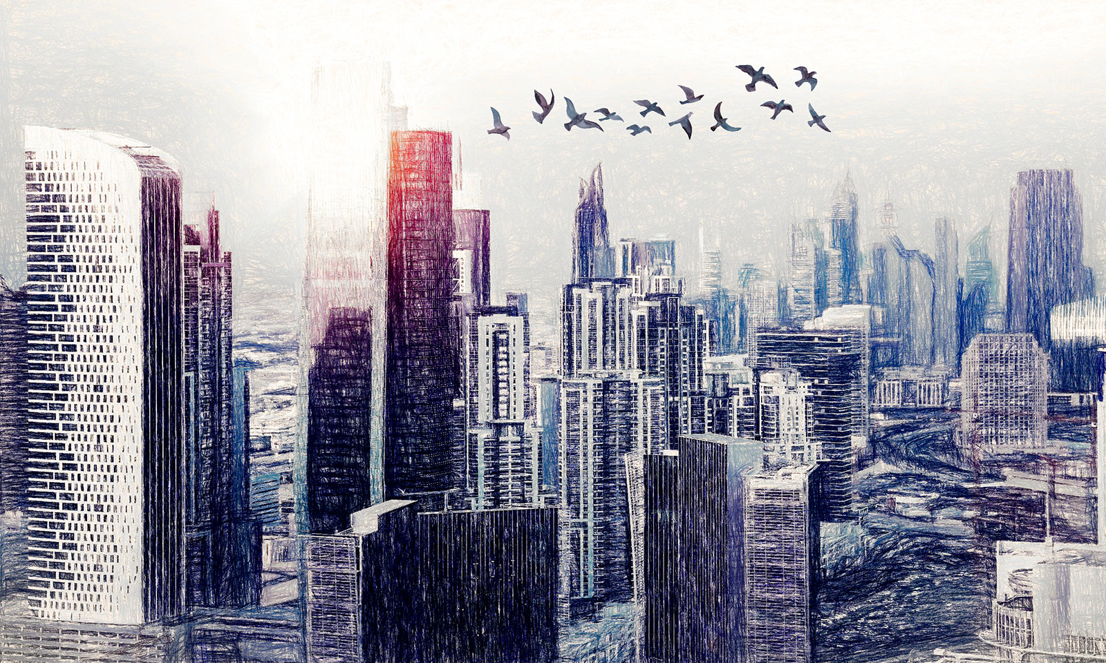 u29199p - Birds flying over a city - tegory