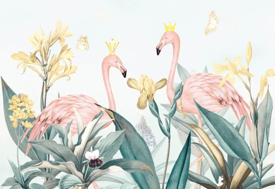 Group of flamingos with crowns and flowers