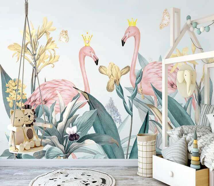 Group of flamingos with crowns and flowers