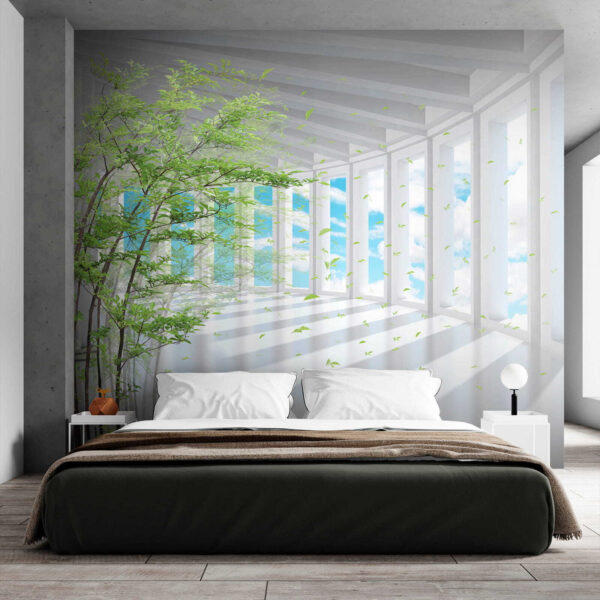 Tree in a room with windows