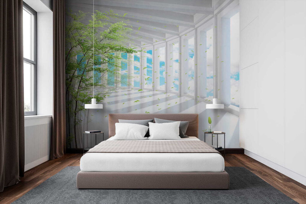 Tree in a room with windows