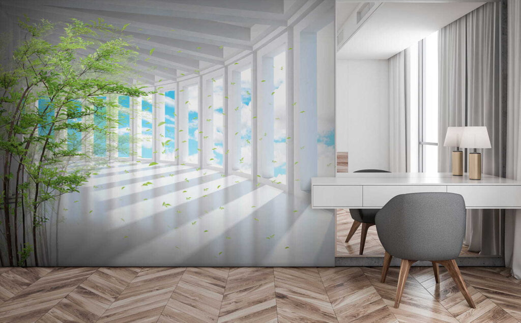 Tree in a room with windows