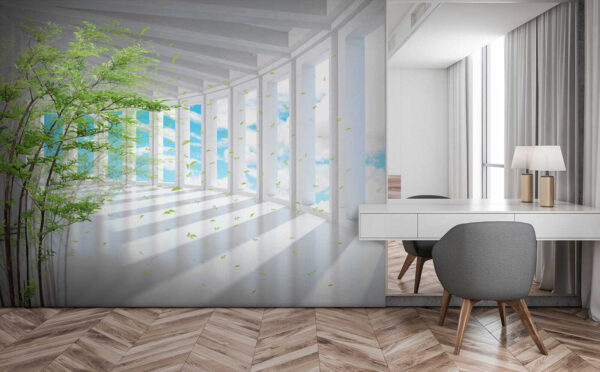 Tree in a room with windows