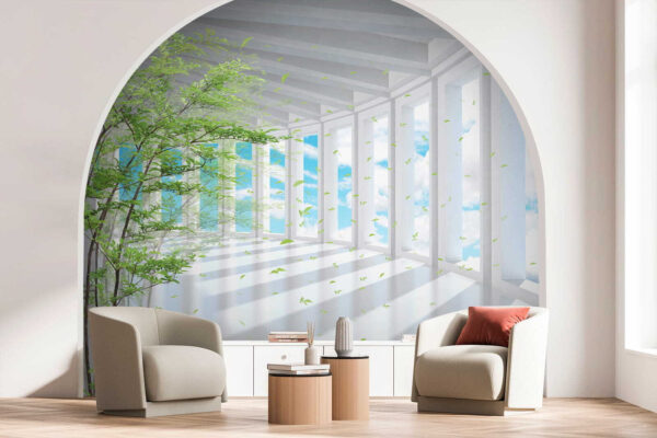 Tree in a room with windows