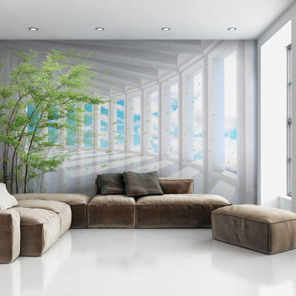 Tree in a room with windows