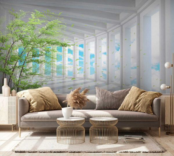 Tree in a room with windows