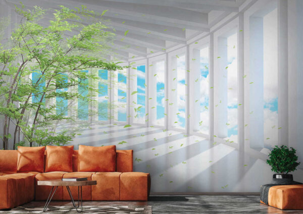 Tree in a room with windows