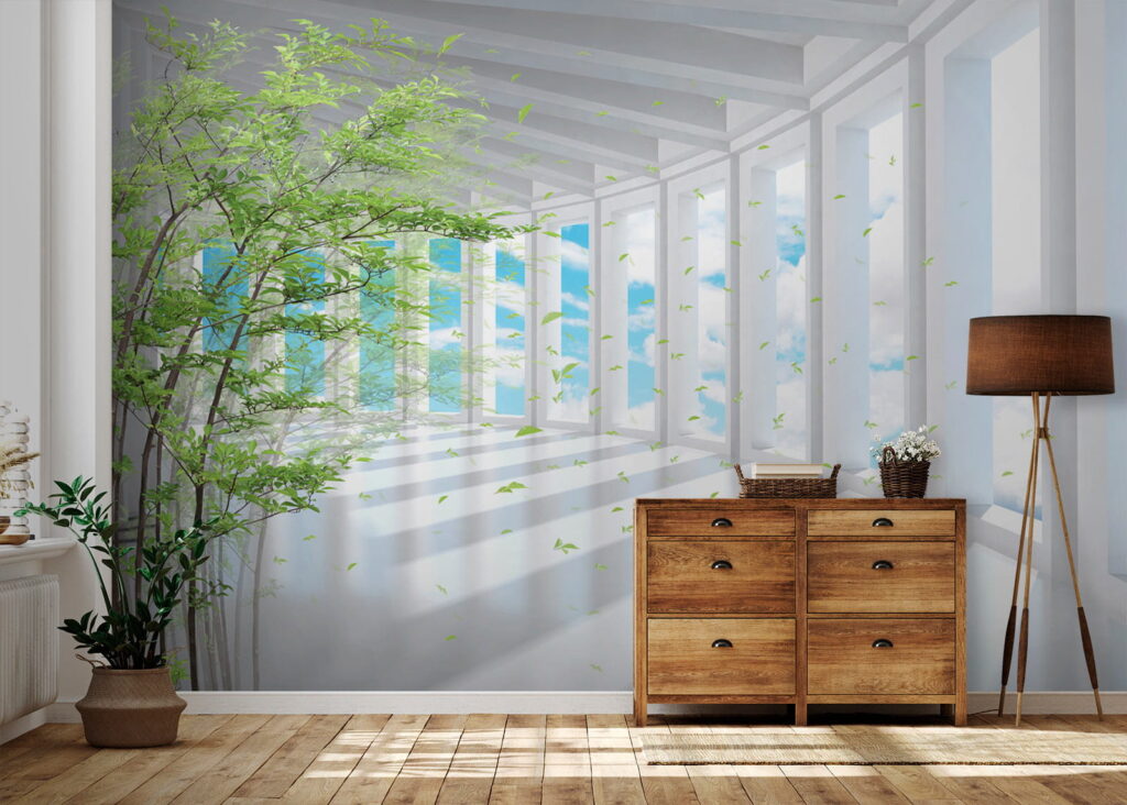 Tree in a room with windows