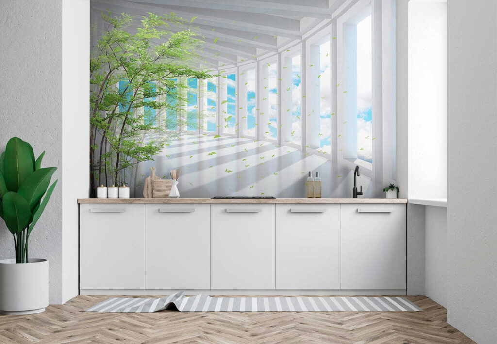 Tree in a room with windows