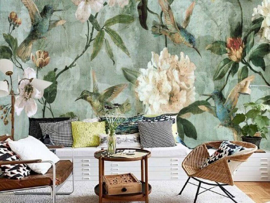 Wall murals Wallpaper with birds and flowers