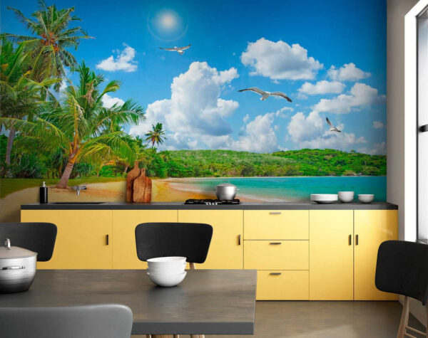 Beach with palm trees and a body of water Beach with palm trees and a body of water
