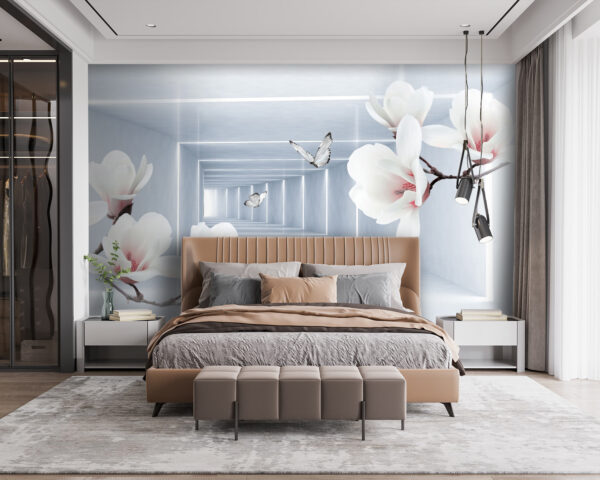 White flowers and butterflies in a room White flowers and butterflies in a room