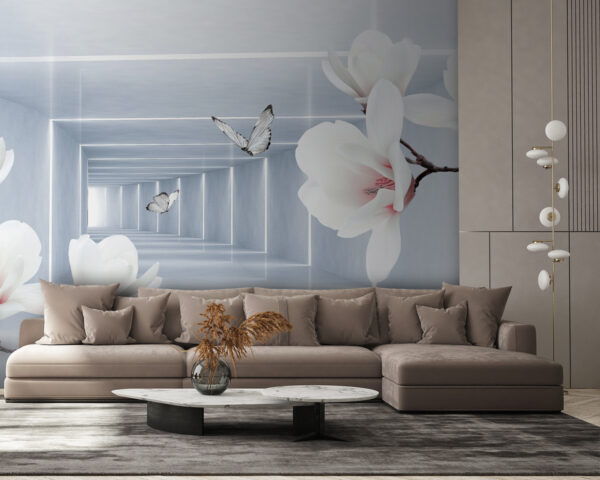 White flowers and butterflies in a room White flowers and butterflies in a room