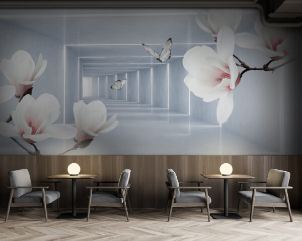 White flowers and butterflies in a room White flowers and butterflies in a room