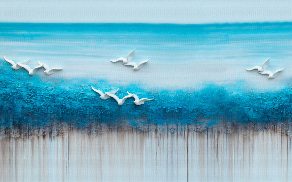 Painting of birds flying over a blue ocean Painting of birds flying over a blue ocean