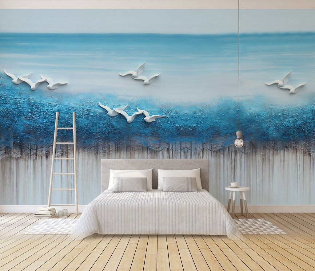 Painting of birds flying over a blue ocean u35406pib1m - Painting of birds flying over a blue ocean - tegory