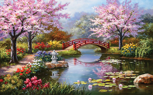Painting of a pond with a bridge and flowers
