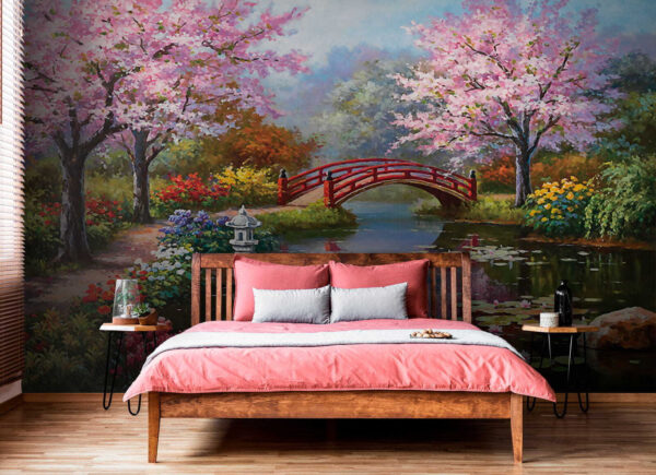 Painting of a pond with a bridge and flowers