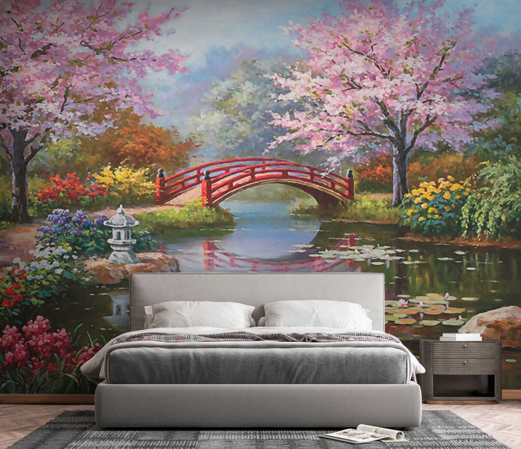 Painting of a pond with a bridge and flowers