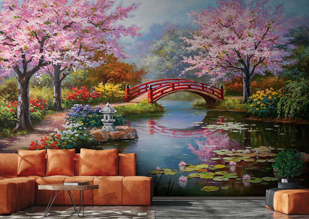 Painting of a pond with a bridge and flowers