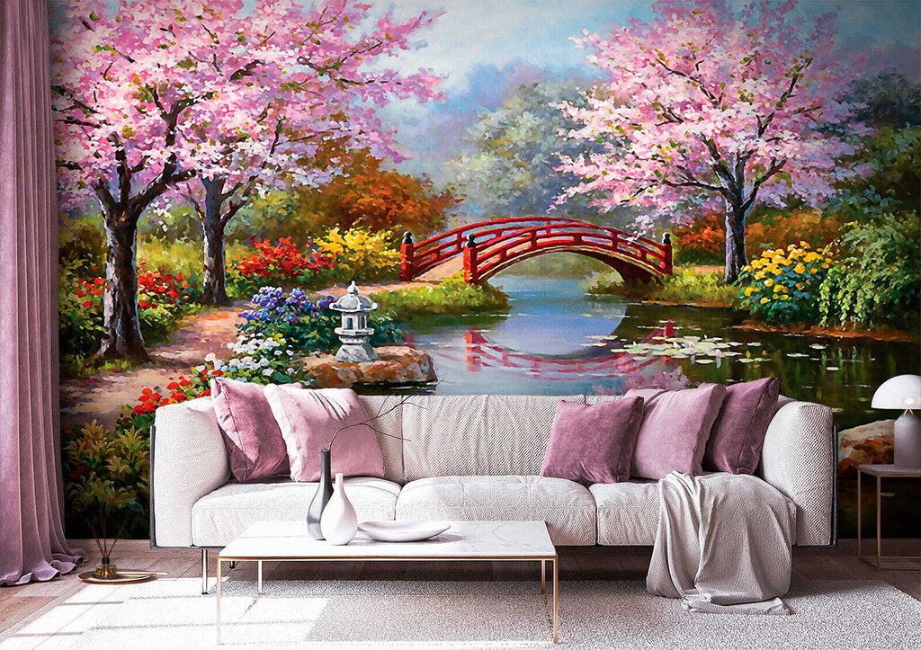 Painting of a pond with a bridge and flowers