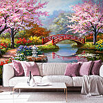 Wall mural Painting of a pond with a bridge and flowers