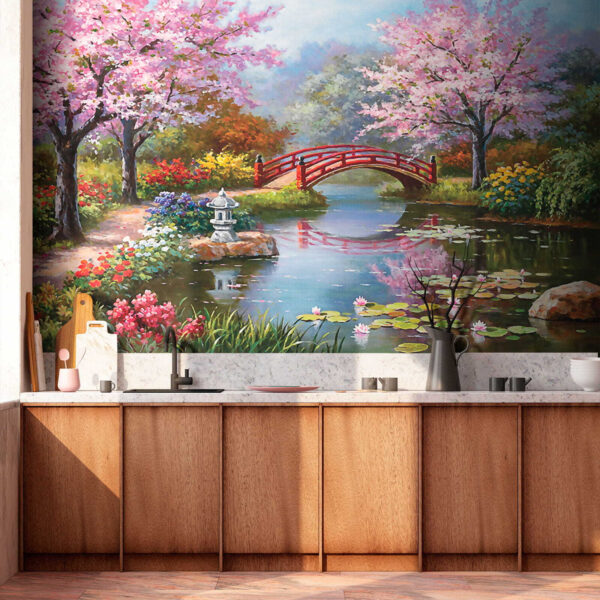 Painting of a pond with a bridge and flowers