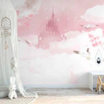 Wall murals Castle with birds flying in the sky