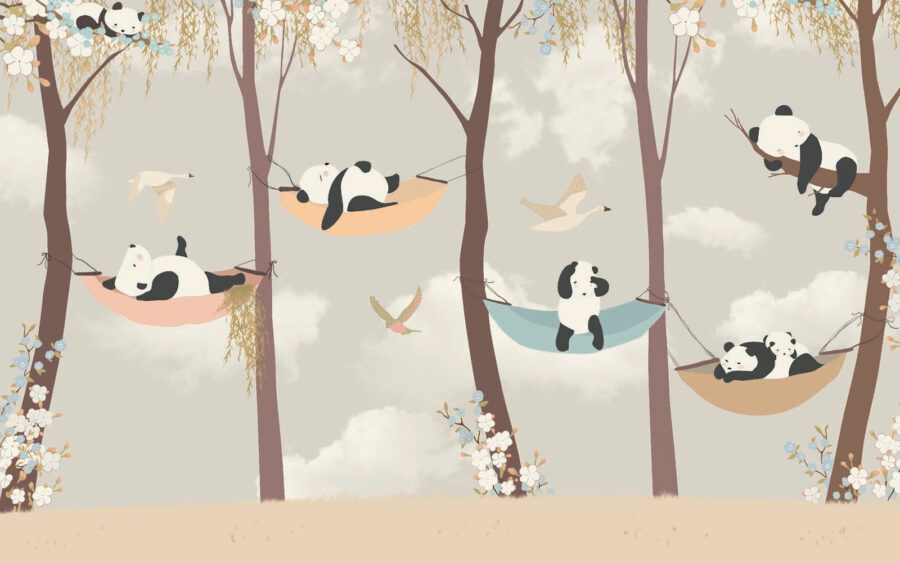 Pandas lying in hammocks in the trees