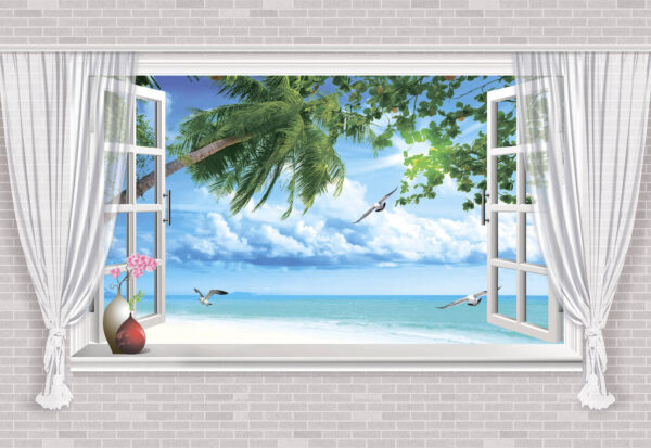 Window with a view of the beach and birds Window with a view of the beach and birds