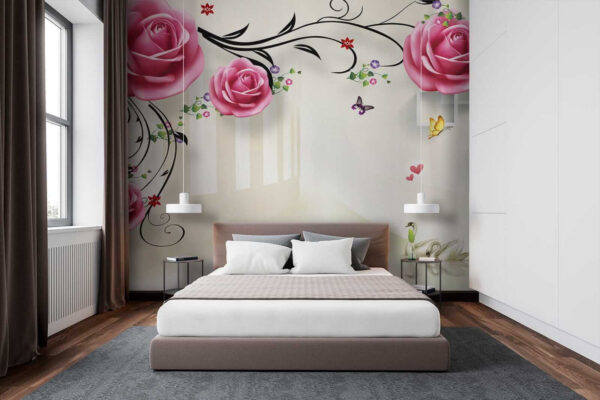 Wallpaper with roses and birds