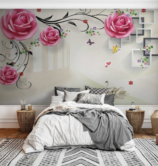 Wallpaper with roses and birds