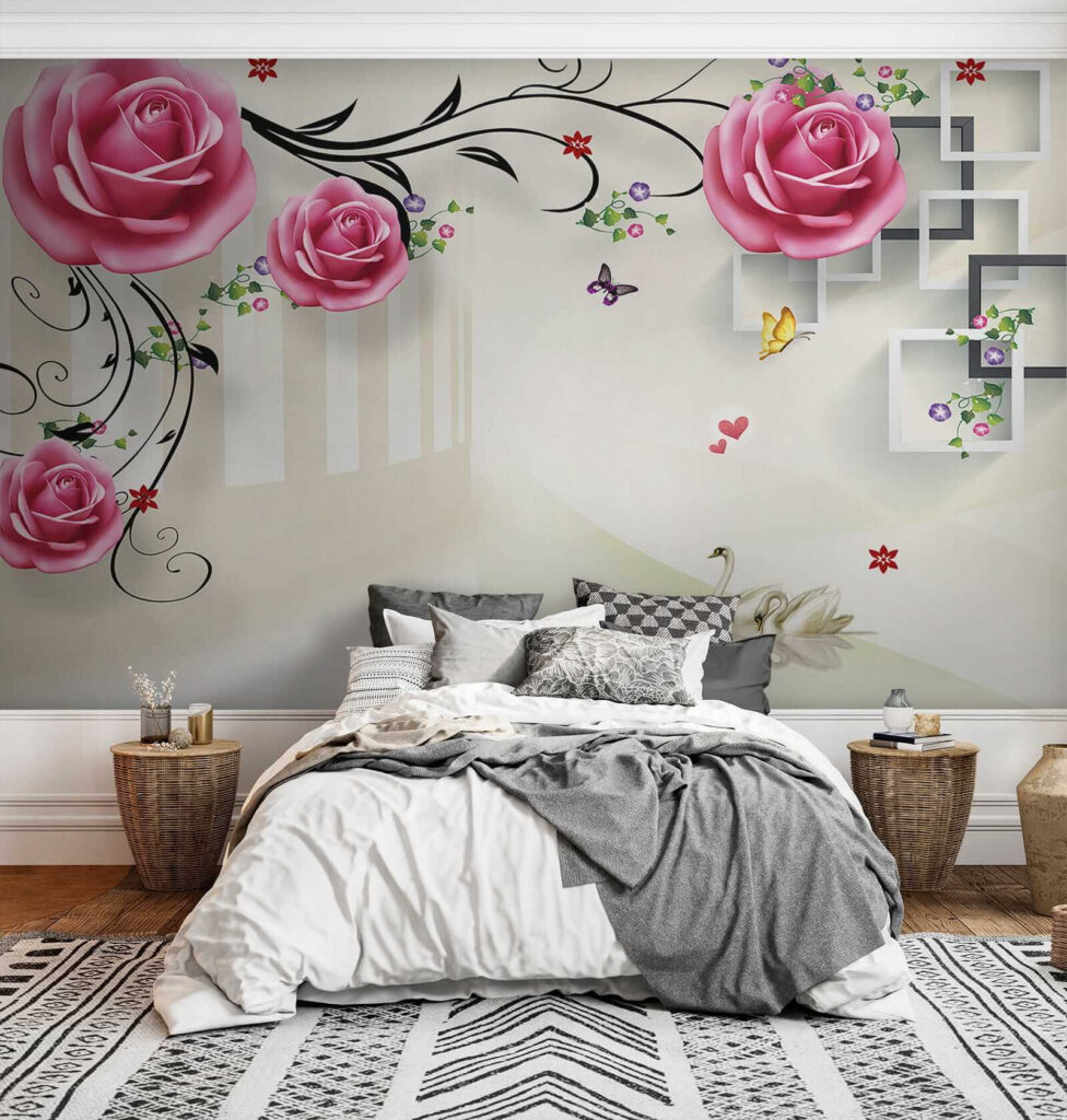 Wallpaper with roses and birds
